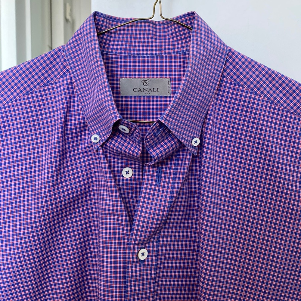 Canali Men's Micro-Checked Blue & Violet Dress Shirt Size L